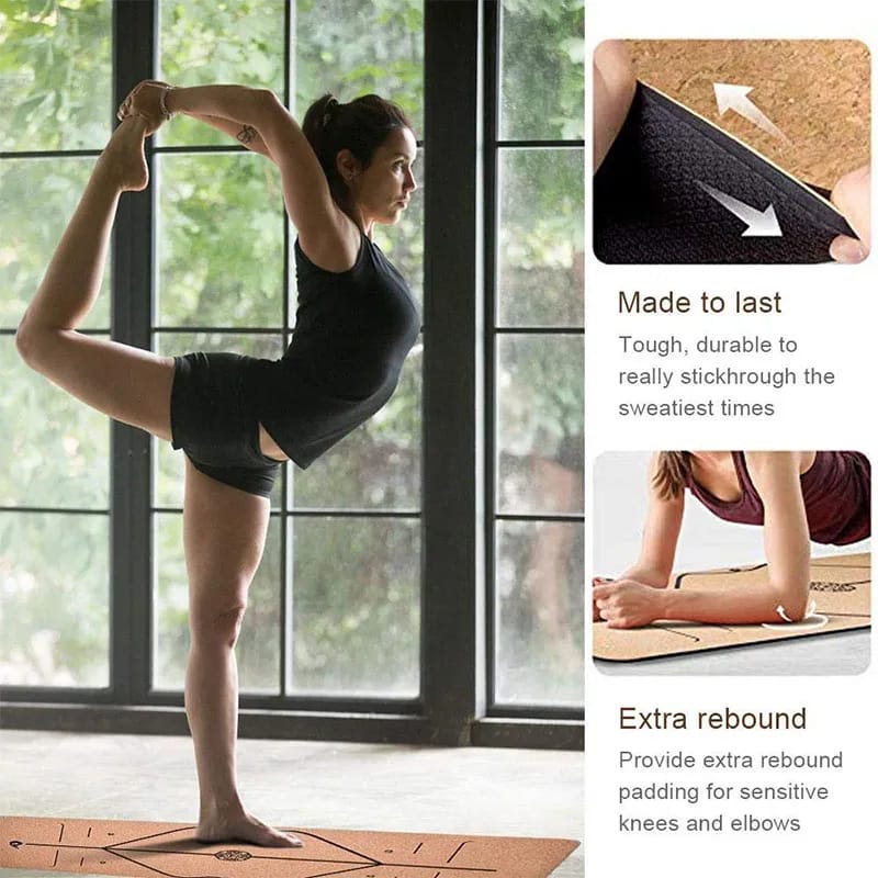 Eco-friendly cork rubber yoga mat with alignment lines, non-slip surface, durable and sweat-resistant, ideal for yoga, pilates, and fitness with extra cushioning for knees and elbows.