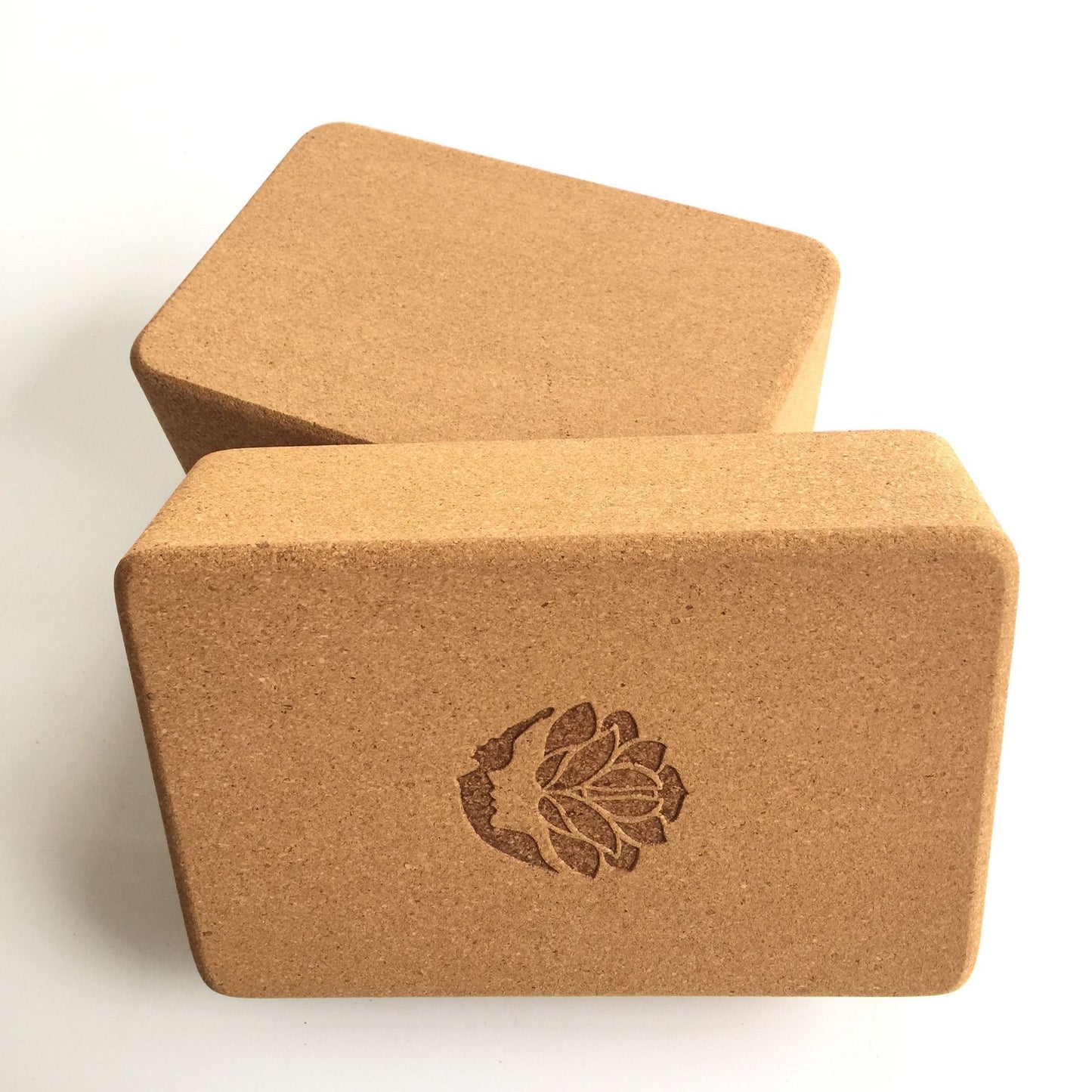 Two High-density natural cork yoga block for balance and support with lotus flower in the middle– YOGIVERSE”