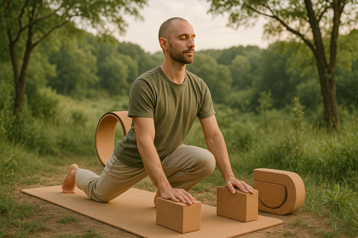 a man practicing Yoga in nature using cork yoga tools