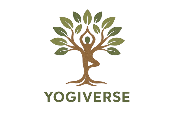 yogiverse logo at the bottom of a symbol tree, with a yoga position, mixed between cork natural olour and nature's green colour